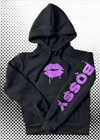 a black hoodie with purple lips on it