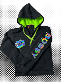 a black and green hoodie with the word kiss on it