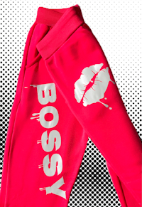 a pair of sweatpants with the word bossy on them