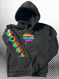 a black hoodie with the word boossy on it